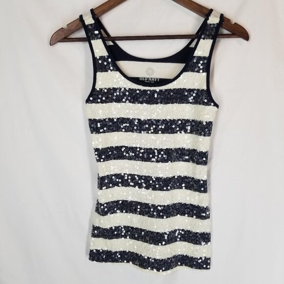 Old Navy Women's Small Blue & White Sequined Tank Nautical Sailor Summer - Picture 1 of 7